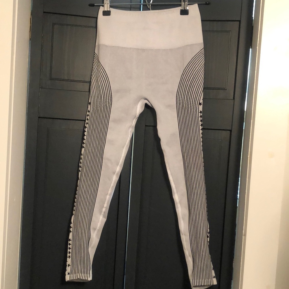 Fabletics Light Gray and White High-Waist Striped Seamless Leggings